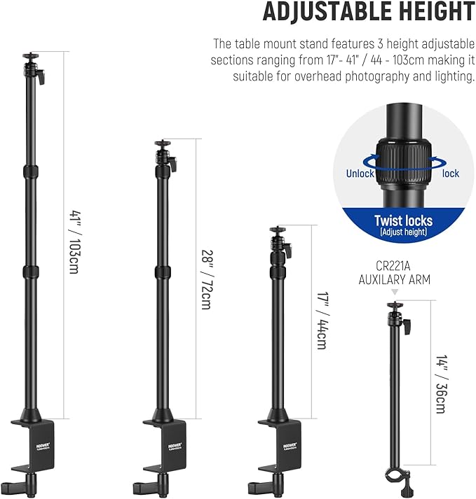 NEEWER Camera Desk Mount with Overhead C Amera Mounting Arm and 1/4" Ball Head, 17" - 41" Adjustable Tabletop Light Stand with C Clamp for DSLR Camera, Ring Light, Webcam, Photo Video Shooting