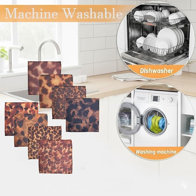 8-Pack Ultra-Fine Microfiber Kitchen Towels, 7-Inch Square with 8 Clips & Multiple Patterns – Soft, Absorbent, Reusable Cleaning Cloths (Tortoise Shell Pattern)