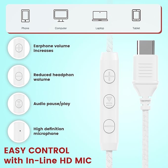USB C Headphones Wired, Over Ear USB C Wired Headphones with Microphone, Volume Control, HD Stereo Sound, Foldable USB Type C Headphone for Adult/Teens/Laptop/Computer/iPhone 15/16/17, White