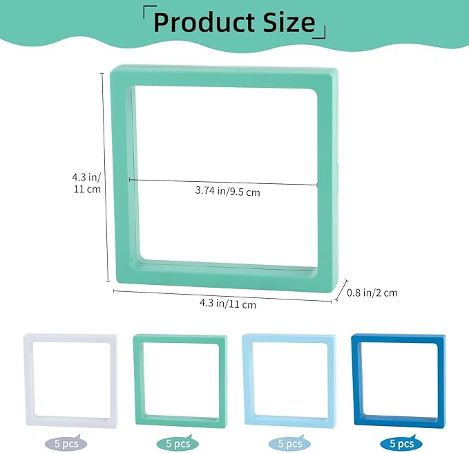 20 Pcs 3D Floating Display Case 4.3x4.3x0.8inch, Challenge Coin Display,Transparent PE Jewelry Storage Box,Floating Display Holder Stands for Antique Challenge Coins Medallion Stamps(Blue Green White)