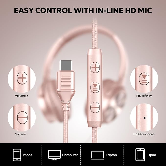 USB C Headphones Wired, Over Ear USB C Wired Headphones with Microphone, Volume Control, HD Stereo Sound, Foldable USB Type C Headphone for Adult/Teens/Laptop/Computer/iPhone 15/16/17, Rose