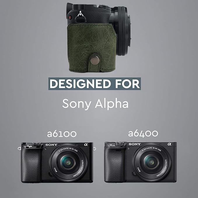 MegaGear MG1644 Ever Ready Genuine Leather Camera Half Case Compatible with Sony Alpha A6100, A6400 - Green