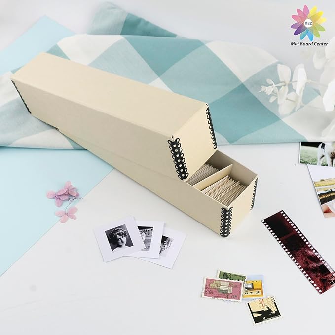 Mat Board Center, Archival Slide File Storage Case, Acid-Free Preservation Box for Storing Photos, Prints, Negative, Sturdy Organizer Holds Up To 140 Films- Tan