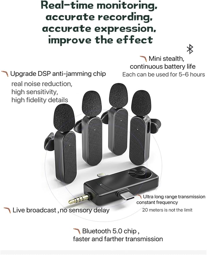 3 in 1/Four in one Wireless Lavalier Microphone for iPhone,iPad,Android,Camera,Computer,mini Noise Reduction Recording Mic Ultra-Low Delay,for Vlog/TikTok/YouTube Live Stream (4 Mic)