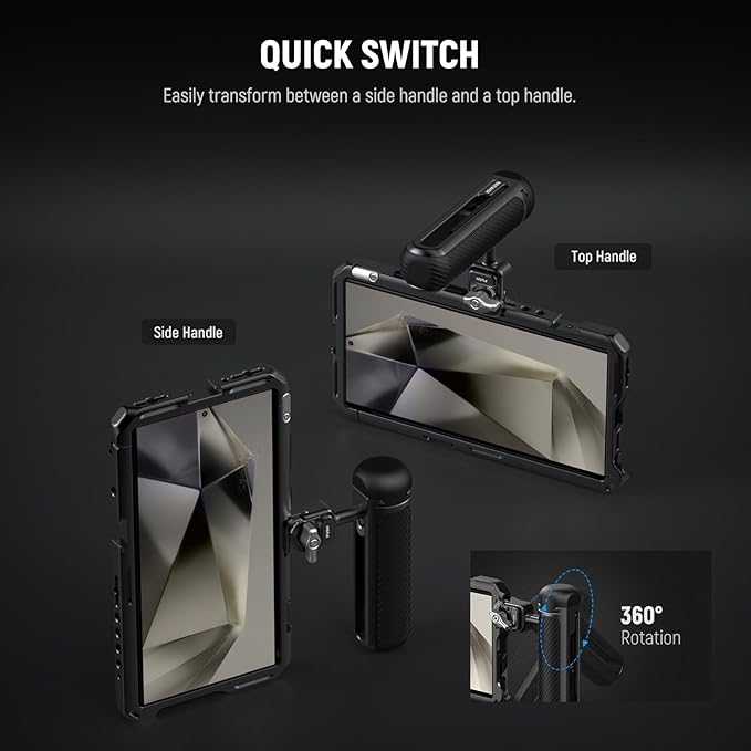 NEEWER S24 Ultra Phone Cage Stabilizer with Side Handle, 67mm Filter Adapter, 17mm Lens Backplate, T Mount Lens Adapter, Cleaning Cloth, Compatible with Samsung Moment T Series Lenses, PA042+PA045S