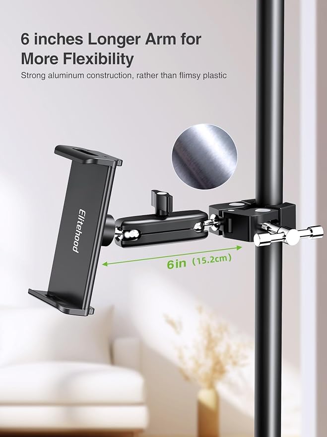 elitehood Aluminum Dual Ball Head Tablet Holder for Mic Stand, Adjustable iPad Mic Stand Holder, Side Mount Microphone Music Stand Phone Holder Mount for iPad, iPhone,4, 7-12.9in Tablets