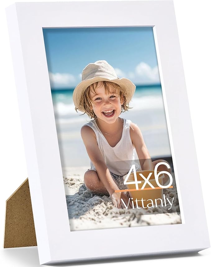 Vittanly 4x6 Picture Frame, Made of Solid Wood and Shatterproof Plexiglass, Wooden Photo Frame for Wall Mounting or Tabletop Display, Picture Frame for Home Decor with Stand, White, 1 Pack