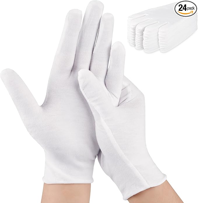 24 Pcs White Cotton Gloves for Dry Hands & Eczema, Moisturizing Sleeping Gloves for Men and Women, Stretchy Breathable Work Glove for Eczema, Jewelry Inspection, Spa