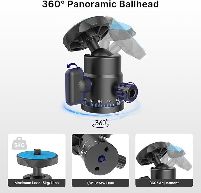 Mini Ball Head, Panoramic Camera Tripod Head with 1/4" Screw and Dual Hot Shoe Mount, 360 Rotatable Metal Adapter for DSLR Camera Tripods Monopods Camcorder Light Microphone, Max Load 5.5lbs