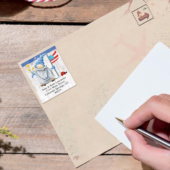 Colorful Images Patriotic Gnome Return Address Mailing Labels, Personalized in The USA with Names & Addresses, Set of 144 Self Adhesive, Easy Peel Flat Label Sheets, 1½” x 1¾”, 1 Design