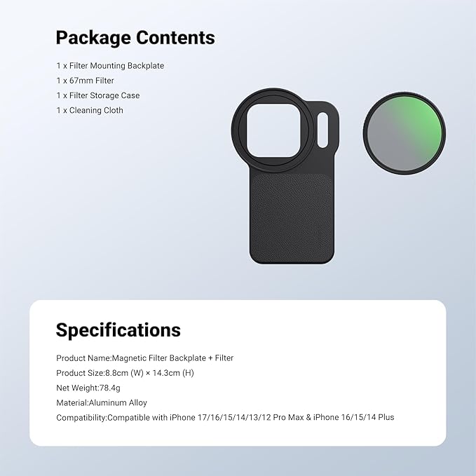 NEEWER 6.9" Magnetic Phone Lens Filter Mount Adapter Backplate Accessories & 67mm CPL Filter Circular Polarizing Polarizer Compatible with MagSafe iPhone 12/13/14/15/16/17 Pro Max & 14/15/16 Plus