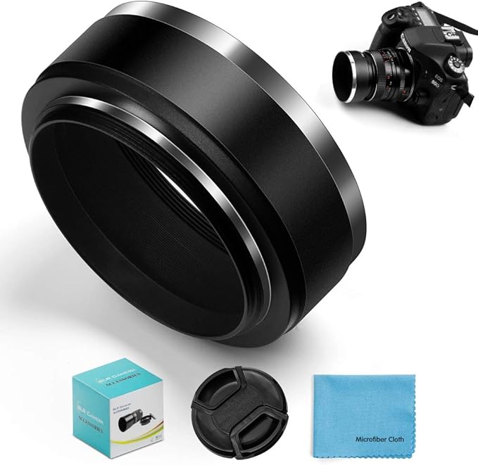 58mm Metal Standard Screw-in Standard Lens Hood with Centre Pinch Lens Cap for Canon Nikon Sony Pentax Olympus Fuji Sumsung Leica Camera +Cleaning Cloth