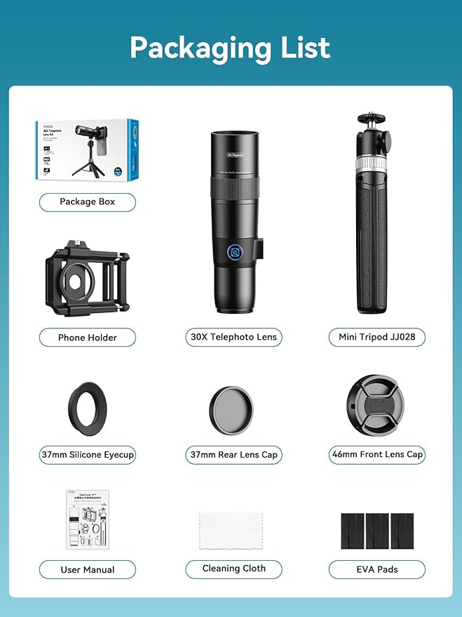 MIAO LAB 30X Telephoto Lens, High Power HD Telephoto Phone Lens with Adjustable Tripod and Universal Phone Clip, Phone Lens Attachment for iPhone 17/16/15/14/13 Series, Android and Most Smartphone