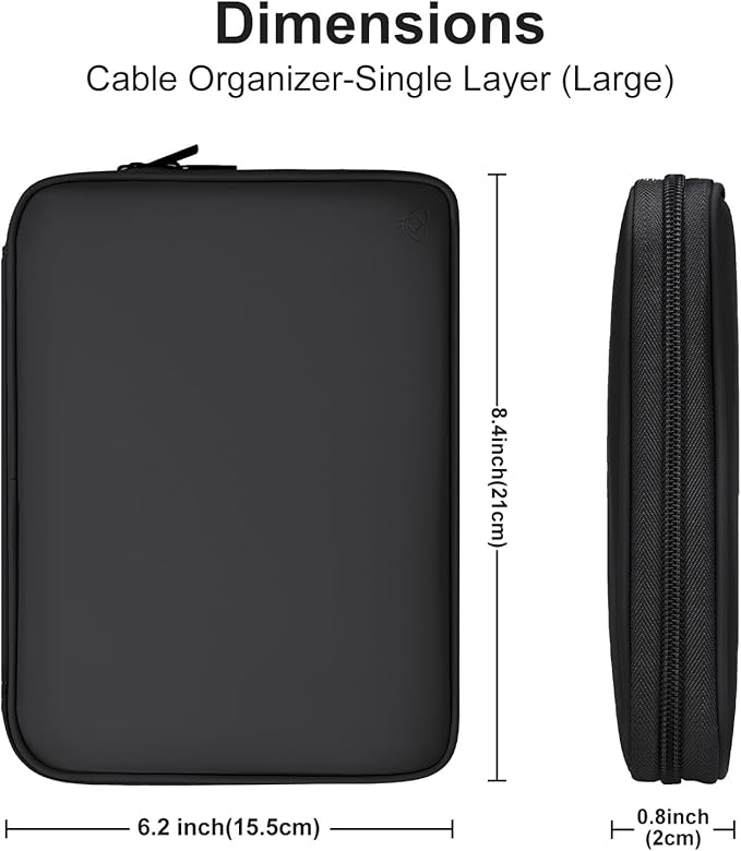 Leather Cord Organizer Bag - Portable Tech Organizer Travel Case for Charger & Electronic Accessories (Black, Single Layer-Large)