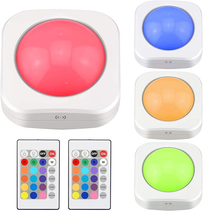 LUXSWAY Battery LED Color Lights, Puck Lights with 2 Remote,Tap Closet Lights, 16 Color Chaning RGB Light Stick to Wall, Under Shelf Lighting -4 Pack