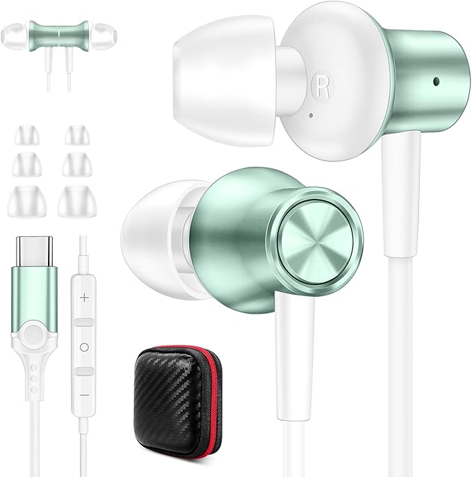 Jiunai USB C Earbuds for iPhone 17 16 15 in Ear Wired Headphones with USB C Plug Magnetic Stereo Volume Control Corded Type C Earphones for Samsung Galaxy S26 S25 S24 Ultra Pixel 10 for iPad Green