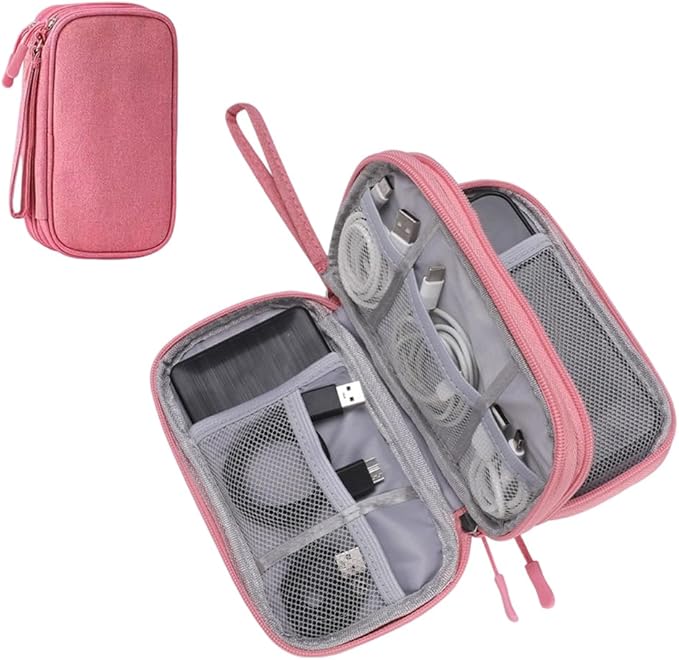 Cord Organizer Travel,Electronic Data Cable Organizer Pouch Black,Tech Accessories Compact Storage Bag for Earphone Case,Charger,AirPods,HDMI,Travel Essentials for Men Women (Pink)