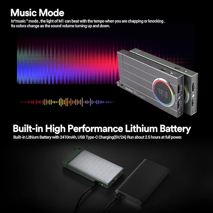 Godox M1 RGB Mini Creative Light,Led Video Light,13W 2500k-8500k Adjustable,CRI97 TLCT 97 RGB 0-360 Full Color,Music Beats Light Function and 40 FX Lighting Effects with Aluminum Alloy Shell(Green)