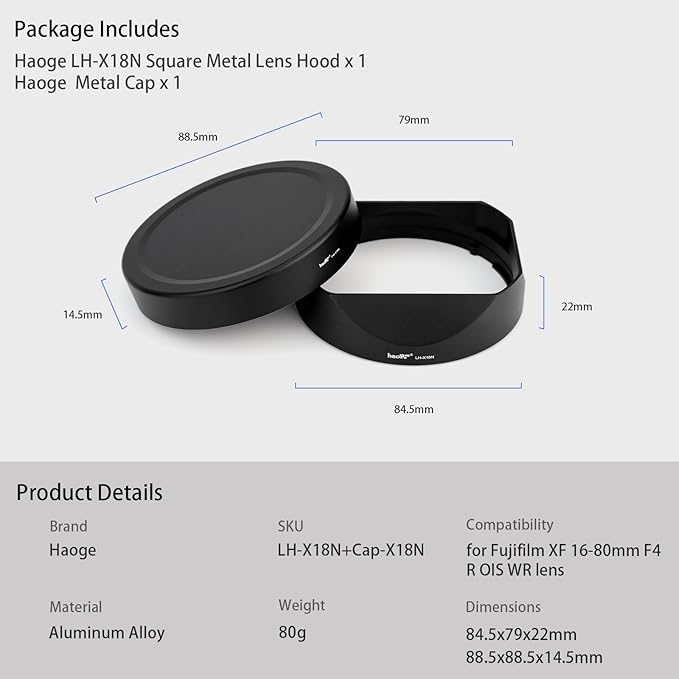 Haoge LH-X18N Bayonet Square Metal Lens Hood for Fujifilm Fuji XF 16-80mm F4 R OIS WR, Fujinon XF16-55mmF2.8 R LM WR II Lens Shade with Metal Cap