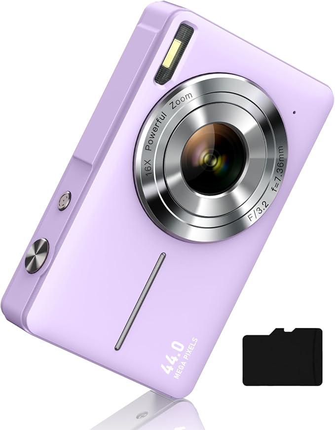 Digital Camera FHD 1080P, Camkory Point and Shoot Digital Cameras with 16X Zoom Anti Shake, 32GB Card, Compact Small Camera for Boys Girls Kids, Purple