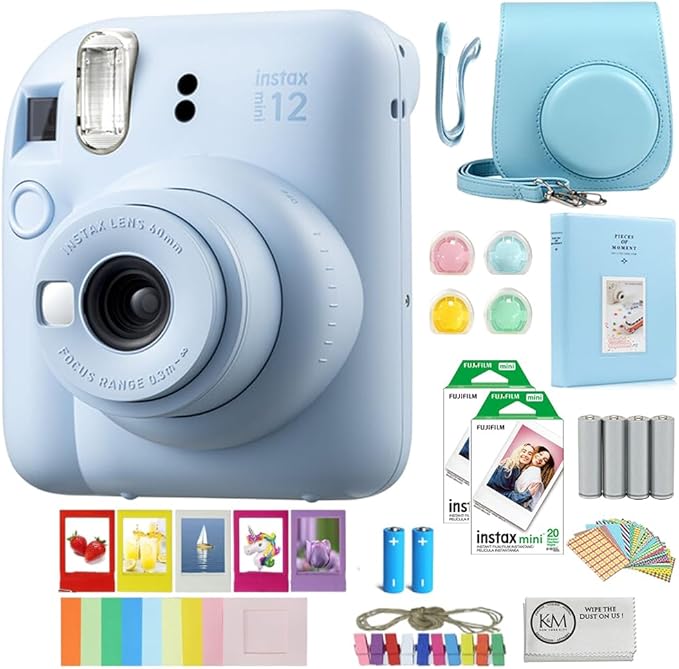 FUJIFILM INSTAX Mini 12 Instant Film Camera | Pastel Blue Bundled with INSTAX Mini Instant Film |40 Exposures + Instax Accessory Bundle + AA Batteries + Cleaning Cloth (10 Items)