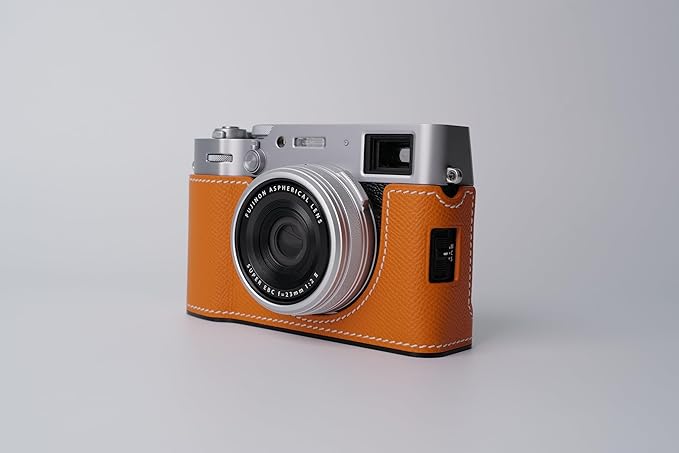 Genuine Leather Camera Half Case for Fujifilm X100VI - Top Layer Cowhide Body + Metal Base Plate - Hand Shank Free Design (Orange)
