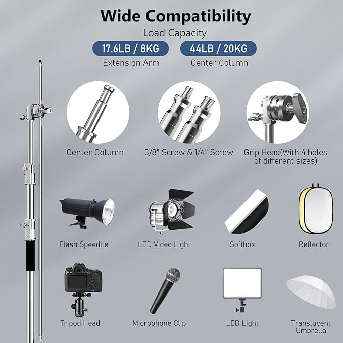 2 Pack Photography C Stand with Boom Arm: 100% Stainless Steel - Max Height 10.5ft/131inch Heavy Duty Light Stand, with 4.2ft/50inch Holding Arm, Grip Head, Sandbag, Backdrop Clamp