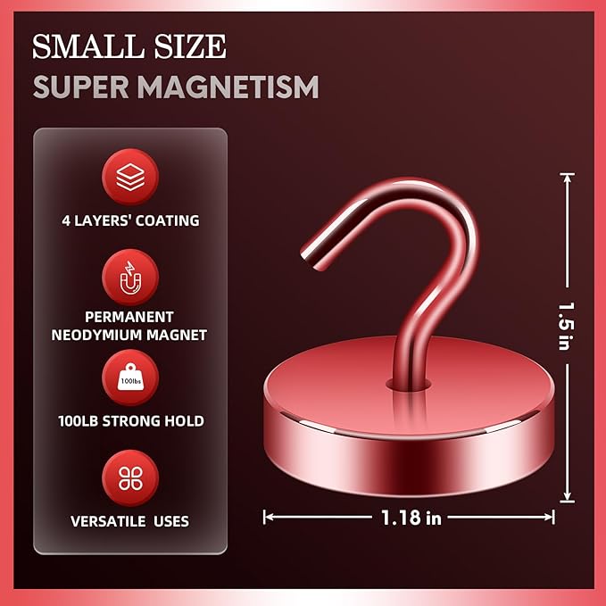 Neosmuk Magnetic Hooks, Cruise Ship Essentials, 100lb+ Heavy Duty Magnetic Hooks for Cruise Cabins, Refrigerator, Grill, Hanging, and Travel | Extra Strong Must-Haves Magnet Hook,Red, 5 Pack