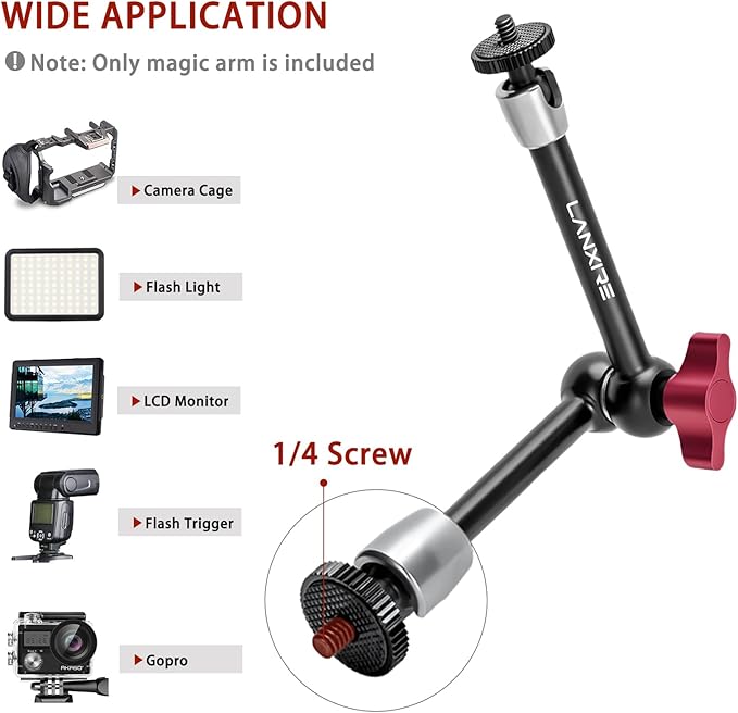 Super Clamp and 9.8 Inches Magic Arm with Dual 1/4’’ Screw - 1/4’’ and 3/8’’ Threaded Holes - Compatible with Photography Accessories - Max Load 4.4lb/2kg