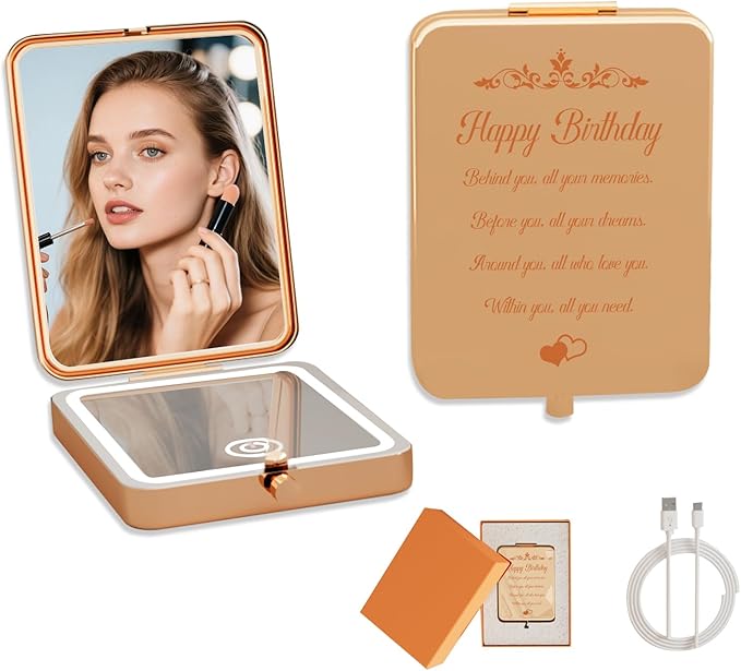 Happy Birthday Gifts for Women, Personalized Engraved LED Lighted Compact Mirror, Gift Idea for Her Sister Friend Mom Daughter Wife Grandma Granddaughter Niece Girlfriend Aunt, Female Birthday Present