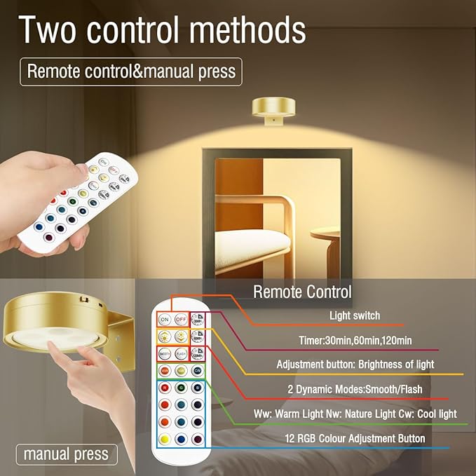 Xuolder Picture Lights for Wall,2000mAh Rechargeable Battery Poster Lights LED Magnetic Painting Light with Remote Control,3 Color Temps&12 RGB Timer Dimmable Wall Light for Art Display Wall Decor