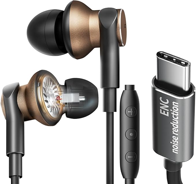 Type C Wired Earbuds with Noise-Canceling Microphone,Immersive Stereo Bass USB C In Ear Headphones Dynamic and Balanced Armature Subwoofer Noise Reduction Wired Earphones,Volume control,HD Audio