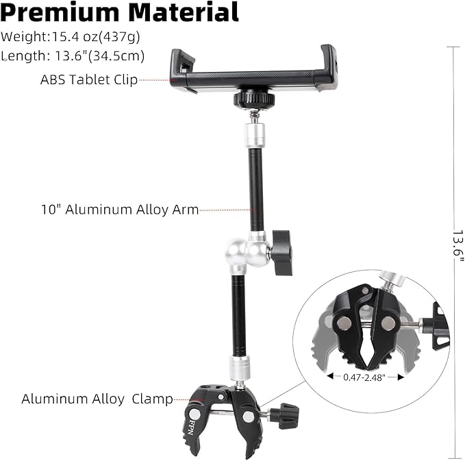 Tablet Holder for Microphone Stand, Mic Music Stand Tablet Holder for iPad, Multi Angle Adjustable 10" Long Magic Arm & Super Clamp Mount, Compatible with 4.7 to 13 inch Tablets & Smartphones