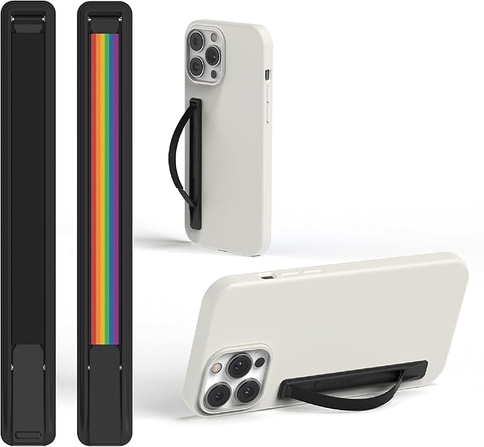 SleekStrip SleekGrip-Essential Ultra Thin Phone Grip Stand,Slim Metal Finger Loop Ring Hand Holder Strap Cell Phone Grips for iPhone 16 Pro Max,17 Air,Android,Case Back - Jet Black + Rainbow Pride 2PK