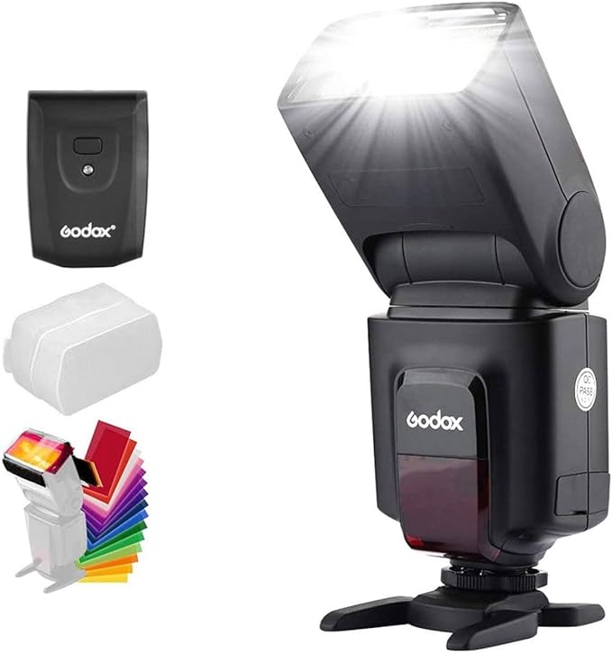 Godox Wireless 433MHz GN33 Camera Flash Speedlite with Built-in Receiver with RT Transmitter Compatible for Canon Nikon Sony Olympus Pentax Fuji DSLR Cameras with Diffuser + Filters