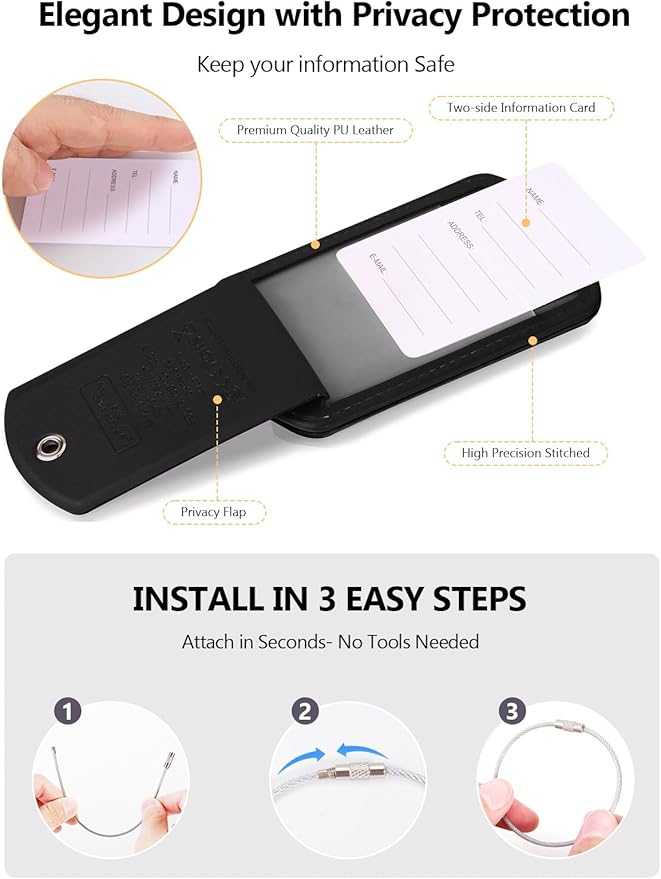 Luggage Tags Built-in Anti-Loss Tracker, Luxury Leather Luggage Tags for Suitcase, Travel Bags, Backpacks, Travel Organizer for Lost Baggage Prevention (S-Black)