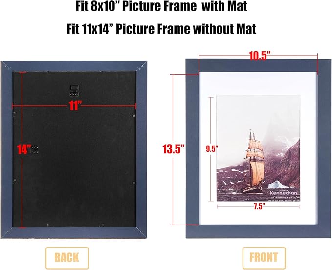 kennethan 11x14 Picture Frame Navy Blue - Displays 8x10 With Mat or 11x14 Without Mat - Wall Mountable