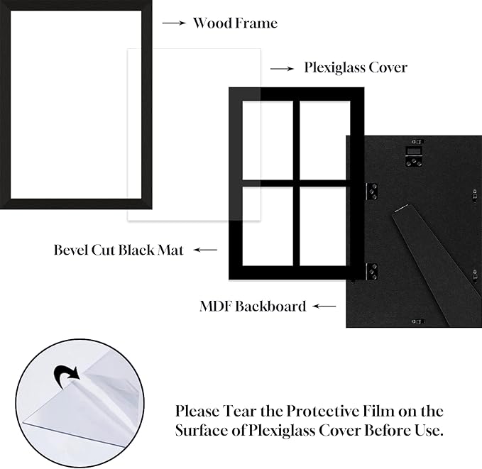 4x6 Photo Collage Frame 4 Openings, 9.5"x13.5" Multi Picture Frame Collage 4"x6" Gallery Wall Decor Wooden, Black Frame with Black Mat, Wood
