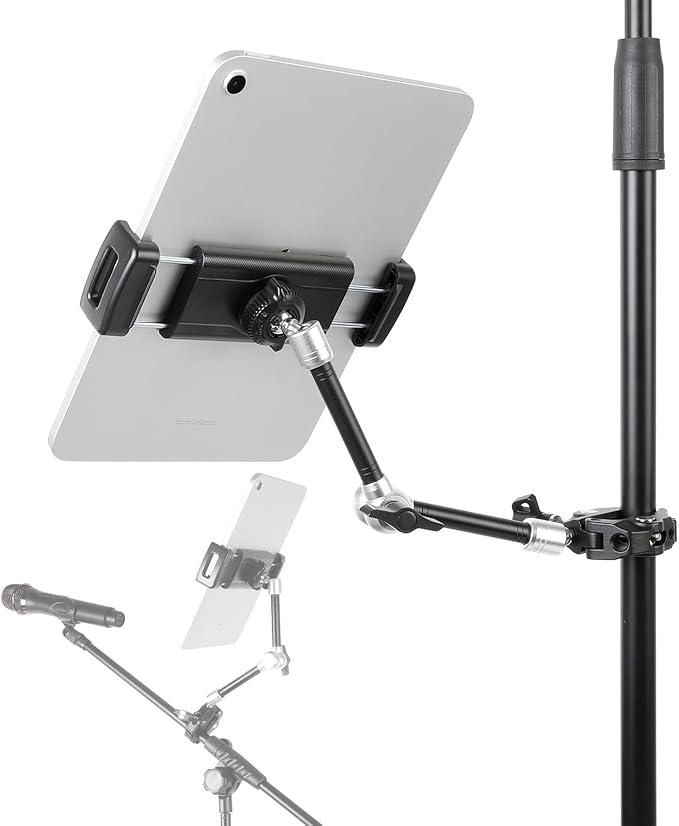 Tablet Holder for Microphone Stand, Mic Music Stand Tablet Holder for iPad, Multi Angle Adjustable 10" Long Magic Arm & Super Clamp Mount, Compatible with 4.7 to 13 inch Tablets & Smartphones
