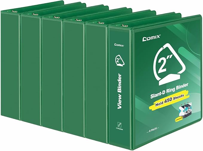 COMIX Sturdy 3 Ring Binder 2 inch with Clear View Cover, 2" Slant-D Ring View Binder Holds 500 Sheets of US Letter Size Paper, 6 Pack (Green)