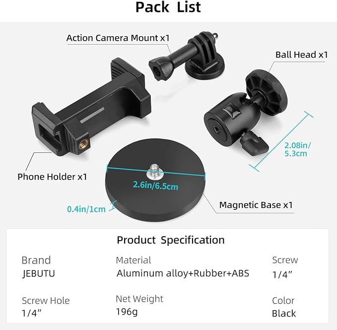 Magnetic Camera Mount with Ball Head, Magnetic Phone Holder for Gym,Super Strong Rubber Coating Neodymium Magnet for Smartphone Hero 13/12/11/10/9/8/7/6,DJI Osmo Action Insta360, Security Camera