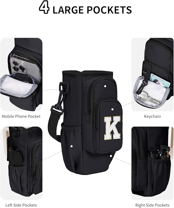 sportsnew Birthday Gifts for Women Personalized Initial Water Bottle Holder with Strap fits most 40oz Tumbler with Handle Water Bottle Carrier Bag with Phone Pocket & Straw Topper Tumbler Accessories
