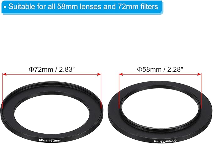 PATIKIL 58mm-72mm Metal Step Up Ring with Cleaning Cloth, 2 Pack Camera Lens Filter Adapter Ring Aluminum Filter Adapter Ring for Camera Lenses Hood, Black