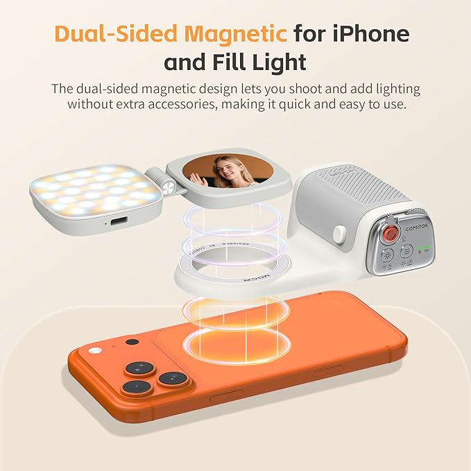 COMITOK iPhone Camera Grip MOCA with Magnet Fill Light & Mirror for 17 Pro iOS26 Native Camera, Fun Shot Magnetic Grip for Phone Compatible iOS17 and iOS18 with Anti-Drop Detachable Remote & Keychain