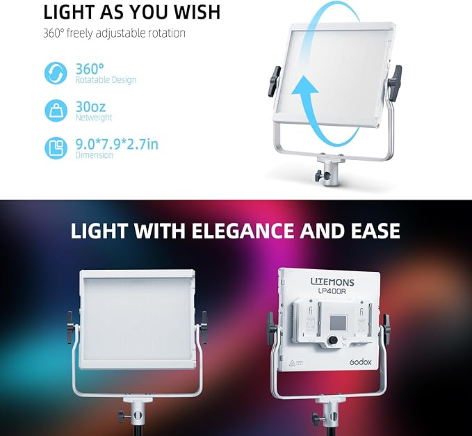 Godox LP400R RGB LED Video Light with Barndoor, 36W 1800K-10000K 6480Lux LED Panel Light with 14 FX Effects APP Control CRI/TLCI 96+ Dimmable 0-100% Studio Soft Lights for Photography