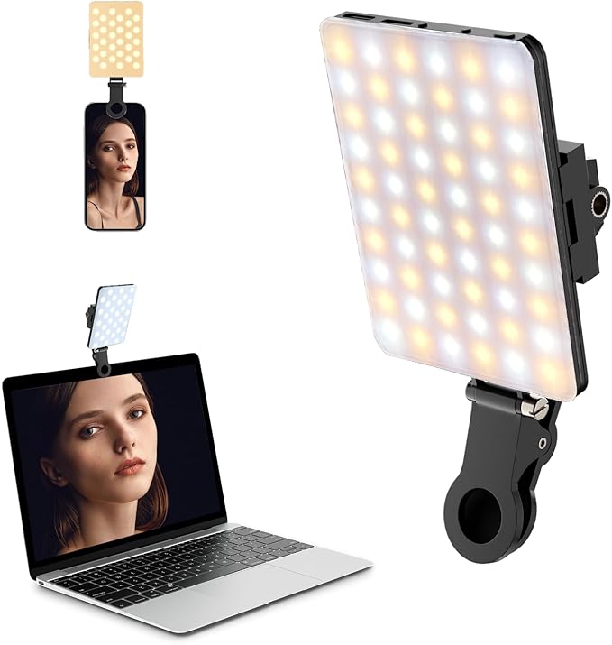 Selfie Light Portable 60 LED Rechargeable Video Conference Fill with Front & Back Clip and Adjusted 3 Modes for Phone, iPhone, IPad, Camera, Laptop, TikTok, Makeup, Live Stream, Vlog
