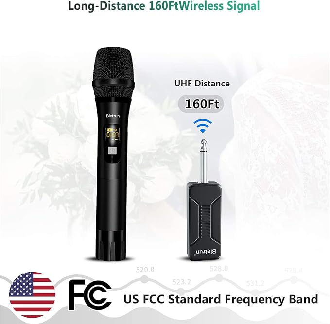 Bietrun Wireless Microphone, Dynamic Microphone with Rechargeable Receiver, Auto Connect,All Metal Design,160ft Range,Cordless Mic for Karaoke Machine,Amplifier Speaker,Mixer,iPhone,Camera, Interview