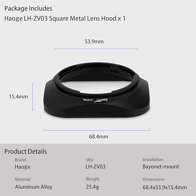 Haoge LH-ZV03 Square Metal Lens Hood for Carl Zeiss Distagon T* 21mm f2.8 ZM, C Biogon T* 21mm f4.5 ZM, 25mm f 2.8 ZM, 28mm f2.8 ZM, C Sonnar T* 50mm f1.5 ZM Lens