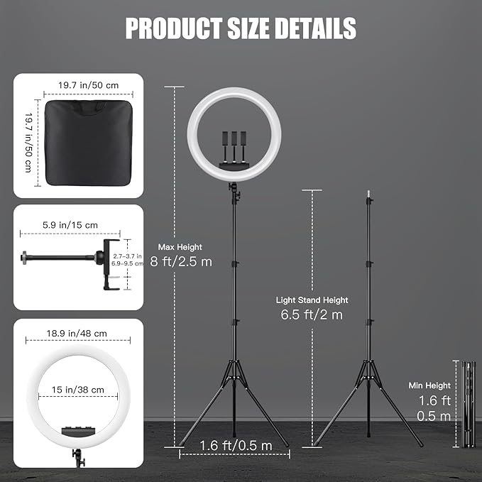 Ring Light with Stand and Phone Holder, 19" Ring Light Tripod for iPhone, Professional LED Circle Light with 78" Tripod, Selfie Ringlight for Live Streaming, Makeup, Barber, Tiktok, YouTube, Black