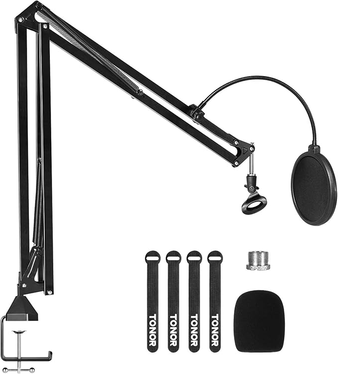 TONOR Microphone Arm Stand, Adjustable Suspension Boom Scissor Mic Stand with Pop Filter, 3/8" to 5/8" Adapter, Excellent Compatibility, Mic Clip, Upgraded Heavy Duty Clamp, 47cm+47cm, T30